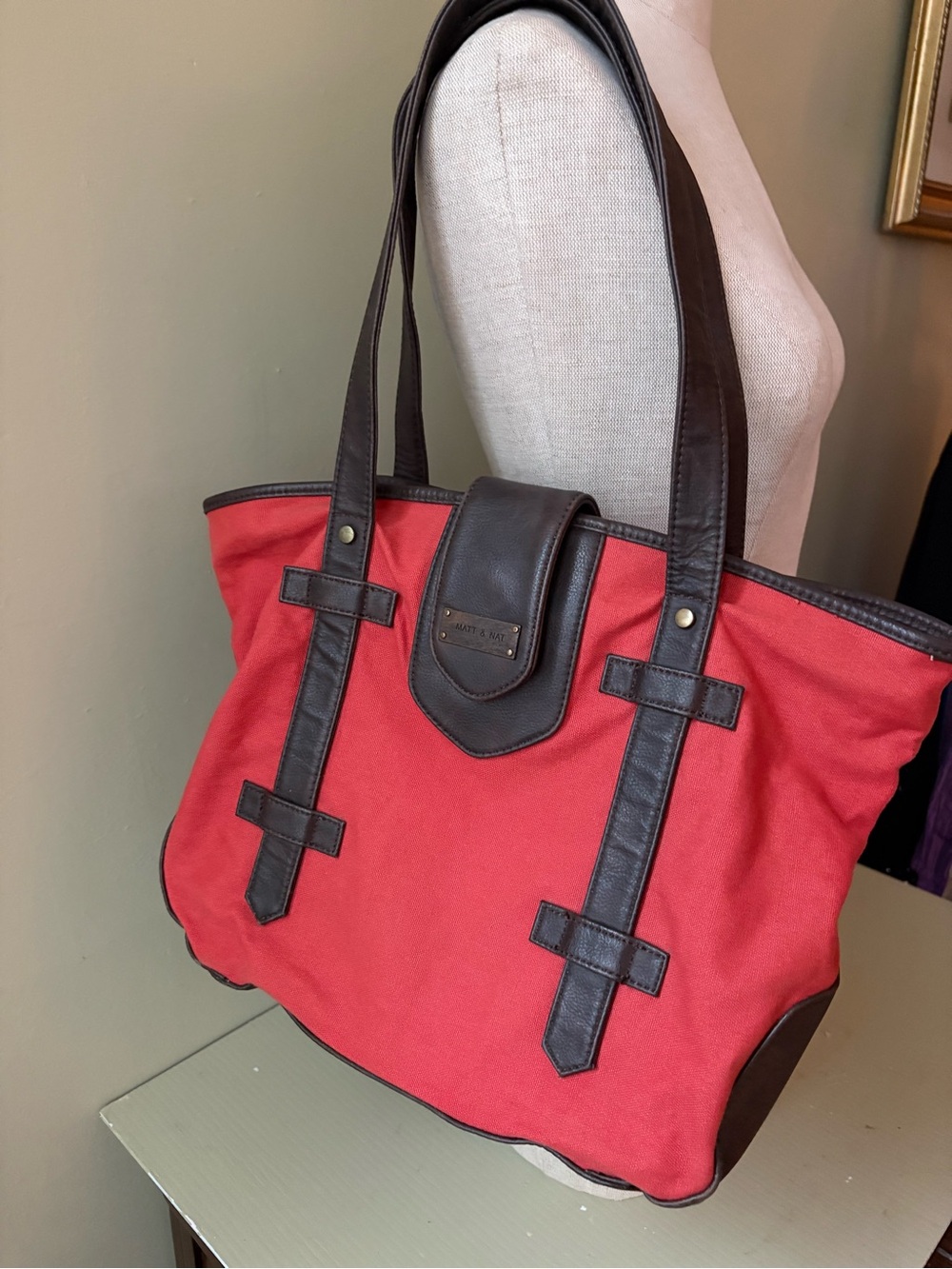 Matt & Nat Rust Canvas Tote Bag with Dark Brown Trim